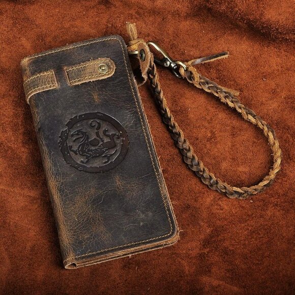 ✨Le'aokuu Men Brown Genuine Leather Organizer Checkbook Removable Chain Wallet - Picture 2 of 7
